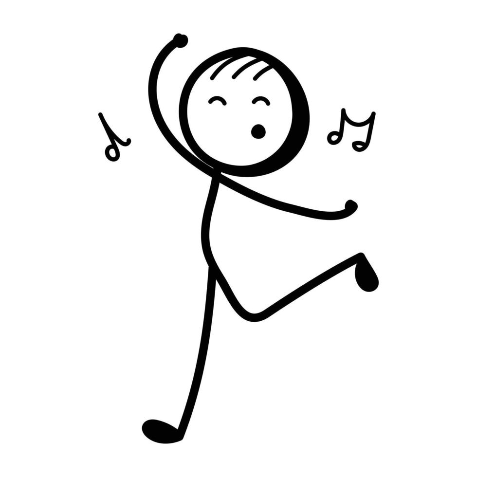 Stick figure enjoy dancing, hand drawn icon vector