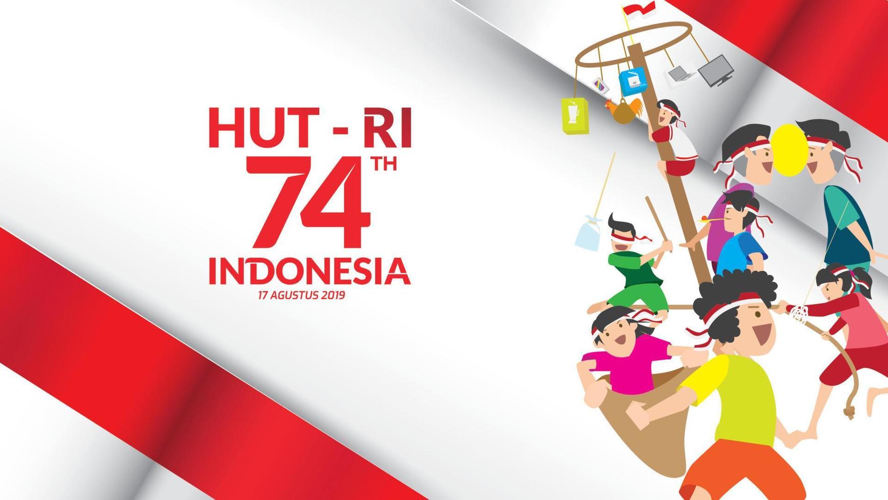 Indonesia traditional games during independence day, climbed the areca nut or greasy pole,Cracker eating, egg and spoon race, tug of war, racing inside sack happily. celebration of freedom. - Vector