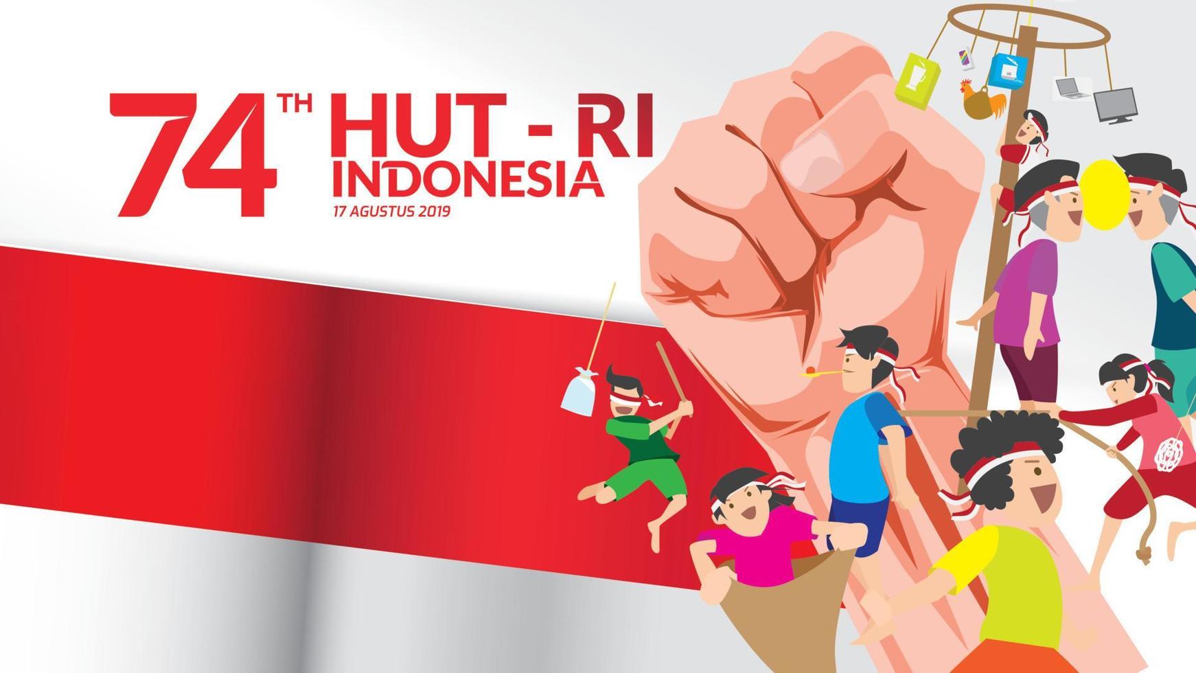 17 de agosto indonesia feliz día de la independencia tarjeta de felicitación con las manos apretadas y juegos tradicionales. símbolo del espíritu de libertad. uso para banner y fondo. - vectores