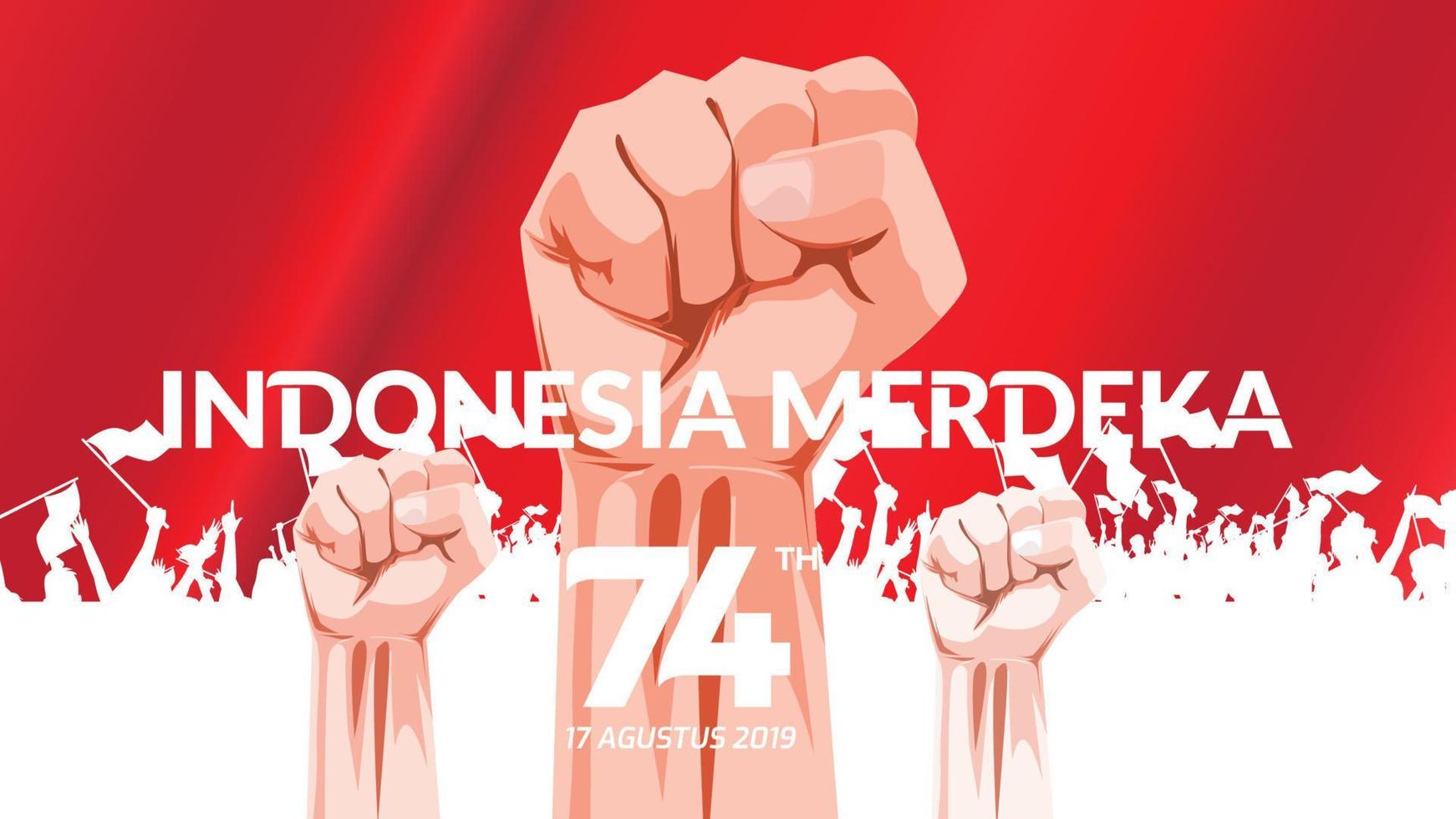 17 August. Indonesia Happy Independence Day greeting card with hands clenched, Spirit of freedom symbol. Use for banner, and background . - Vector