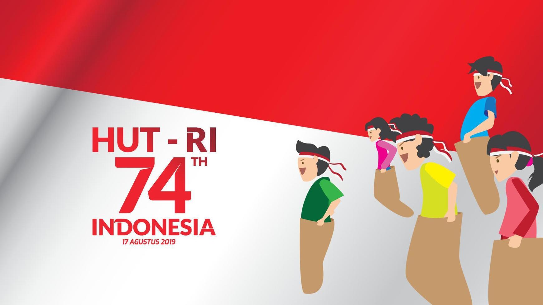 Indonesia traditional games during independence day, children racing inside sack to competition each other. celebration of freedom. - Vector