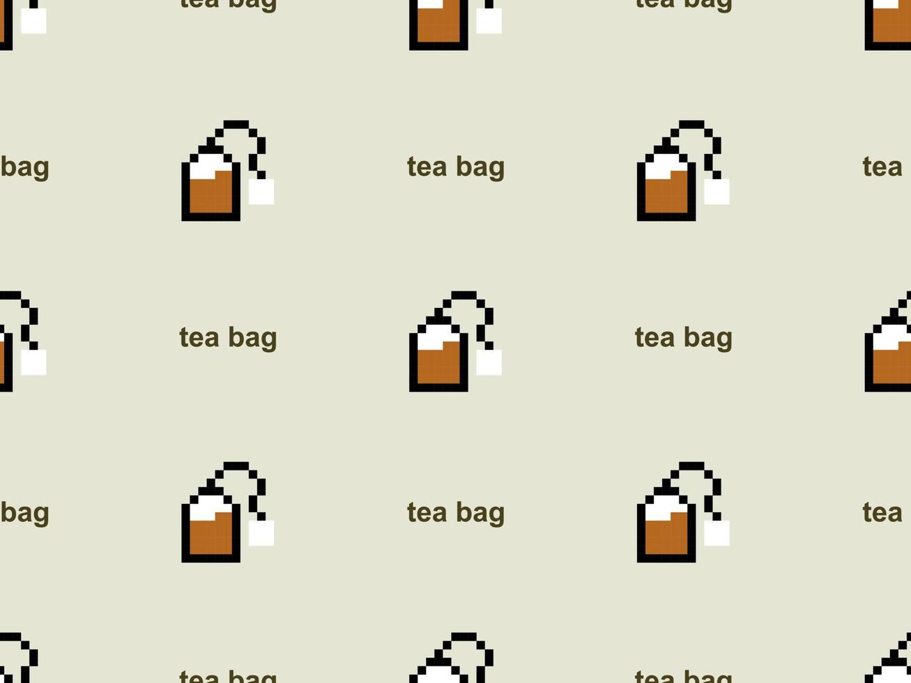 Tea bag cartoon character seamless pattern on green background.Pixel style vector