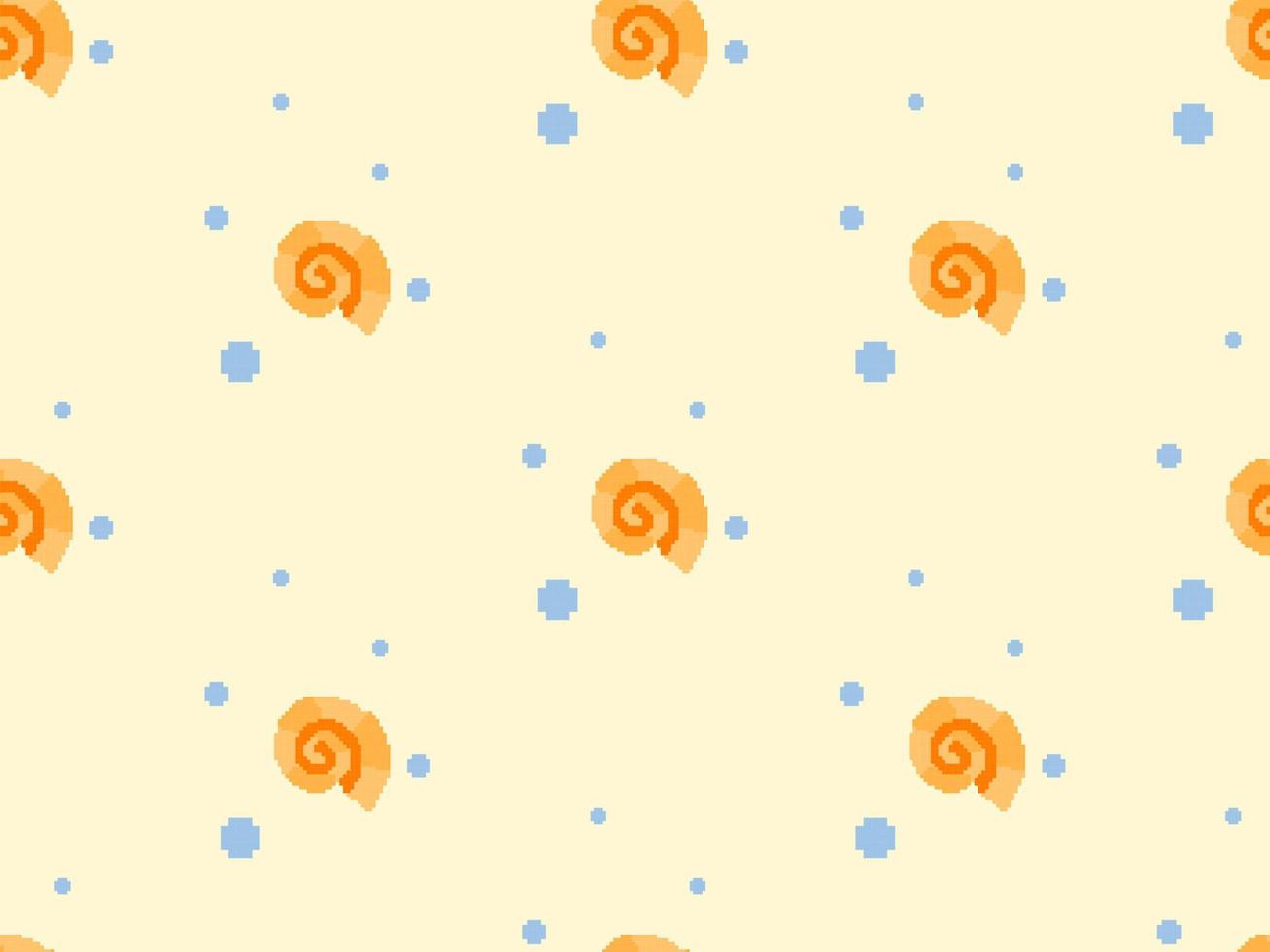 Shell cartoon character seamless pattern on yellow background.Pixel style vector