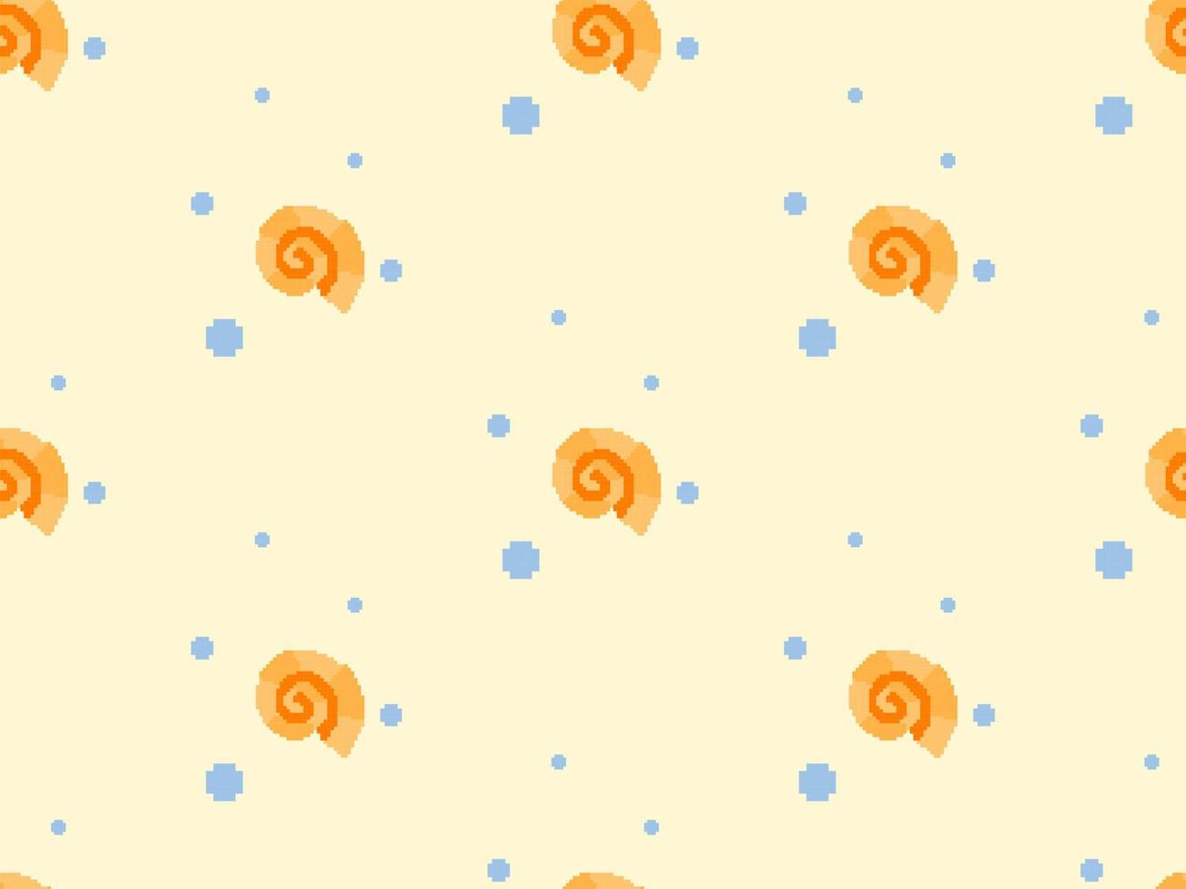 Shell cartoon character seamless pattern on yellow background.Pixel style vector