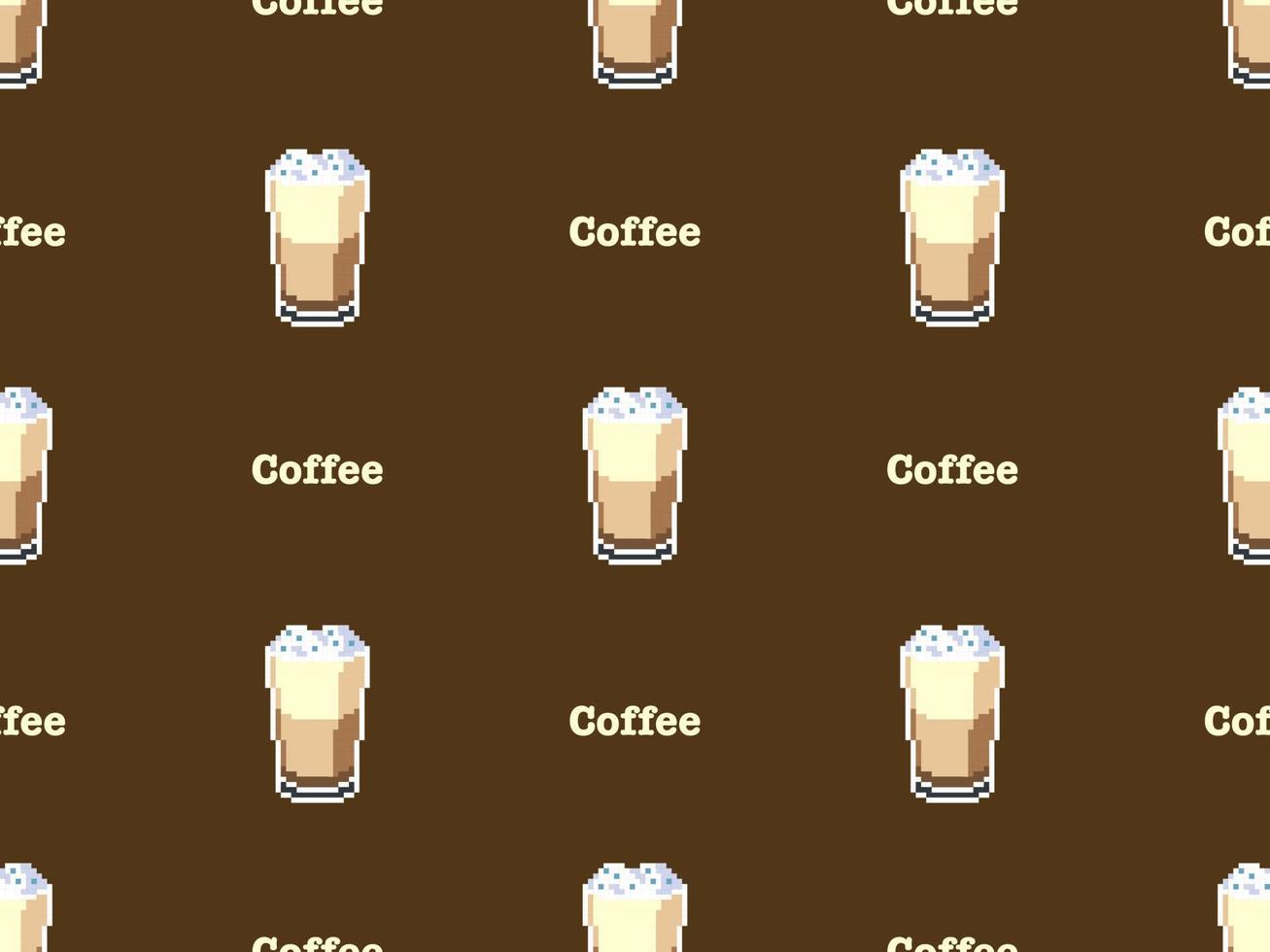 Coffee cartoon character seamless pattern on brown background.Pixel style vector