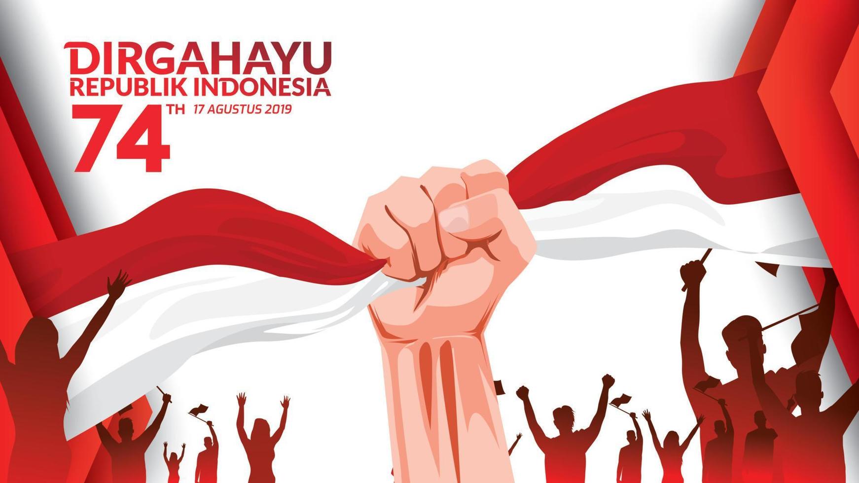 17 de agosto tarjeta de felicitación del día de la independencia de indonesia con las manos apretadas, símbolo del espíritu de libertad. uso para banner y fondo. - vectores