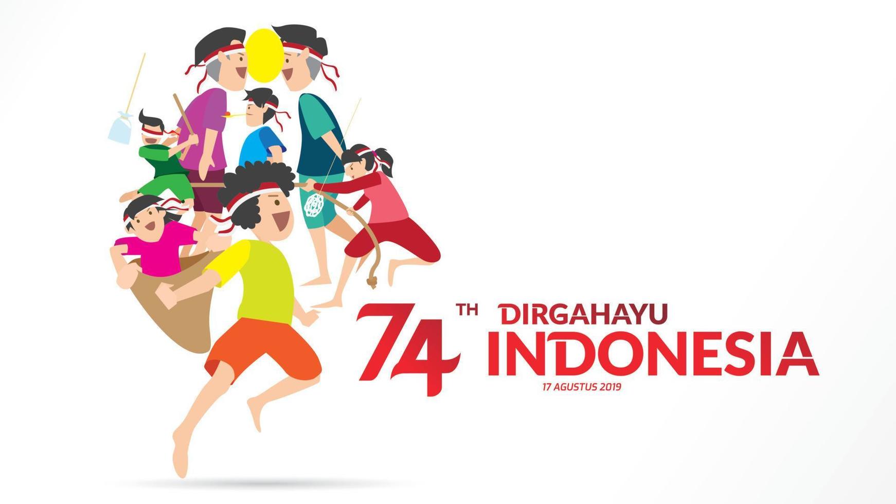 Indonesia traditional games during independence day, climbed the areca nut or greasy pole,Cracker eating, egg and spoon race, tug of war, racing inside sack happily. celebration of freedom. - Vector