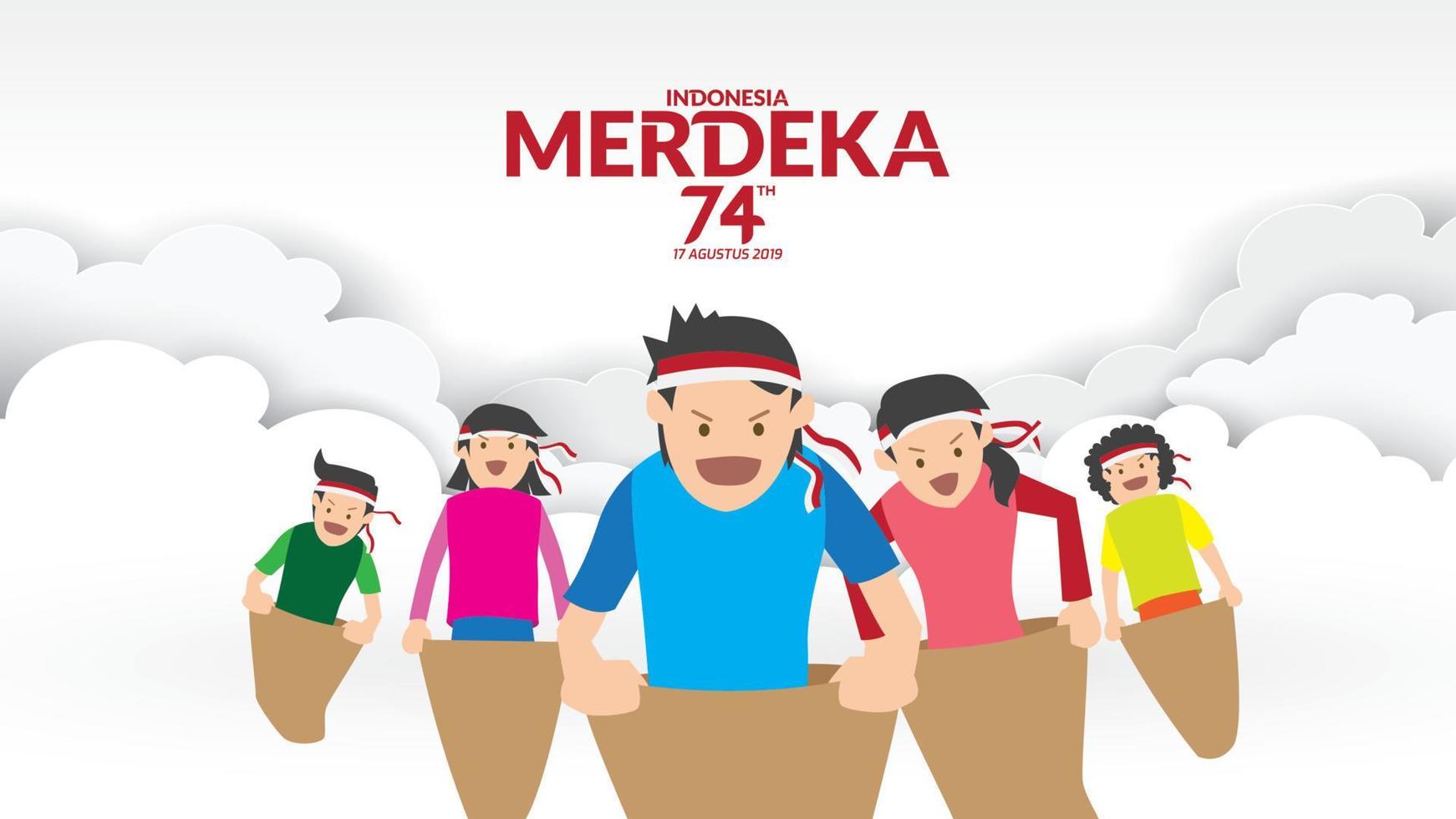 Indonesia traditional games during independence day, children racing inside sack to competition each other. celebration of freedom. - Vector