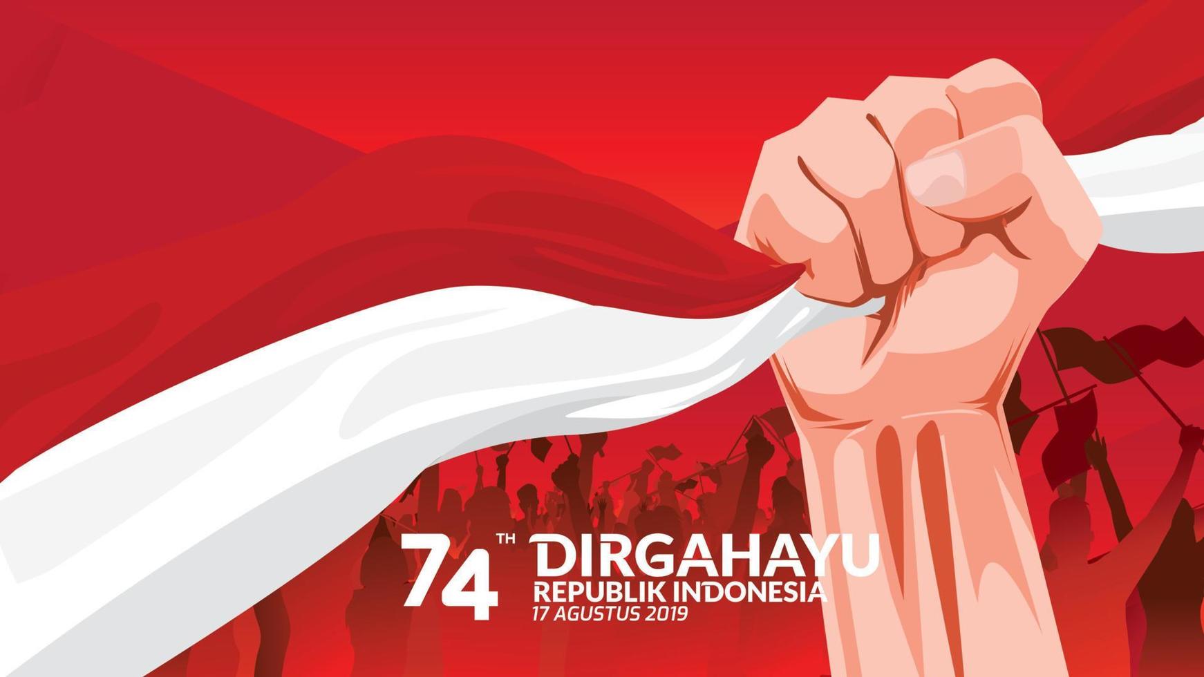 17 August. Indonesia Happy Independence Day greeting card with hands clenched, Spirit of freedom symbol. Use for banner, and background . - Vector