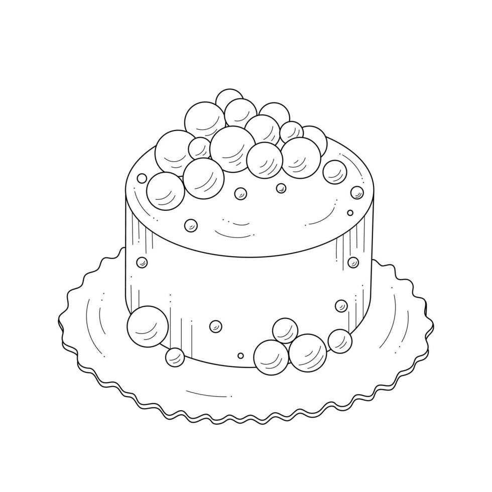 Cake decorated with balls. Sketch, outline on white background. Dessert for the design of pastry shop. vector