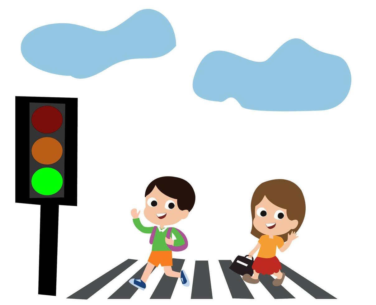 School children crossing road on crosswalk. Zebra crossing. Look right,  look left safety rule. Flat vector illustration template. Stock Vector