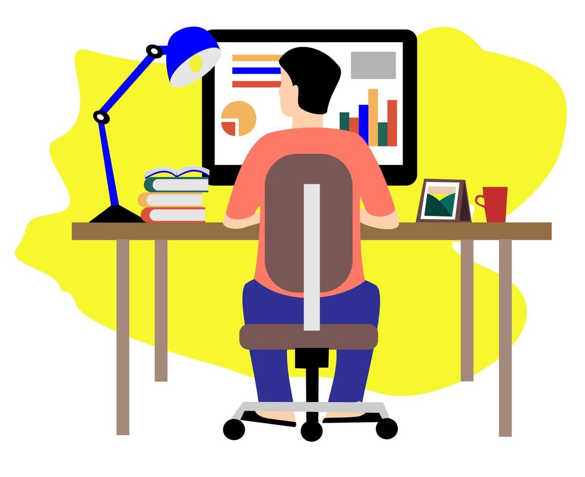 man working from home monitoring infographic using computer vector