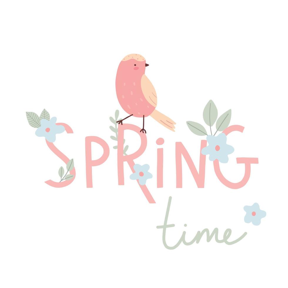 tarjeta de tiempo de primavera con pájaro. ilustración dibujada a mano infantil con texto. vector plano sencillo.