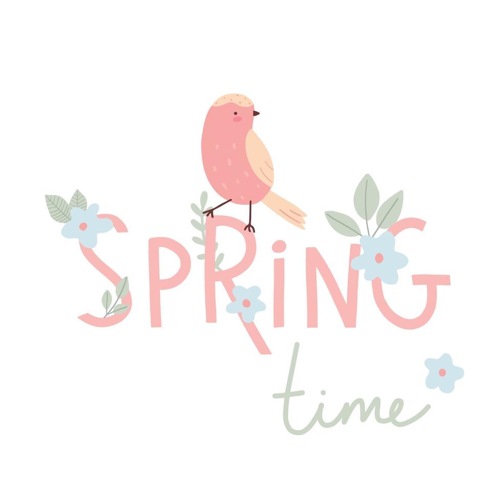Spring time card with bird. Childish hand drawn illustration with text. Simple flat vector. vector