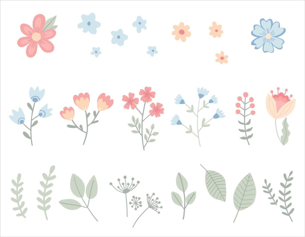 Cute set of simple flowers. Cartoon childish elements isolated on white. Hand-drawn nursery plants, leaves, twigs, grass. Simple vector illustration.