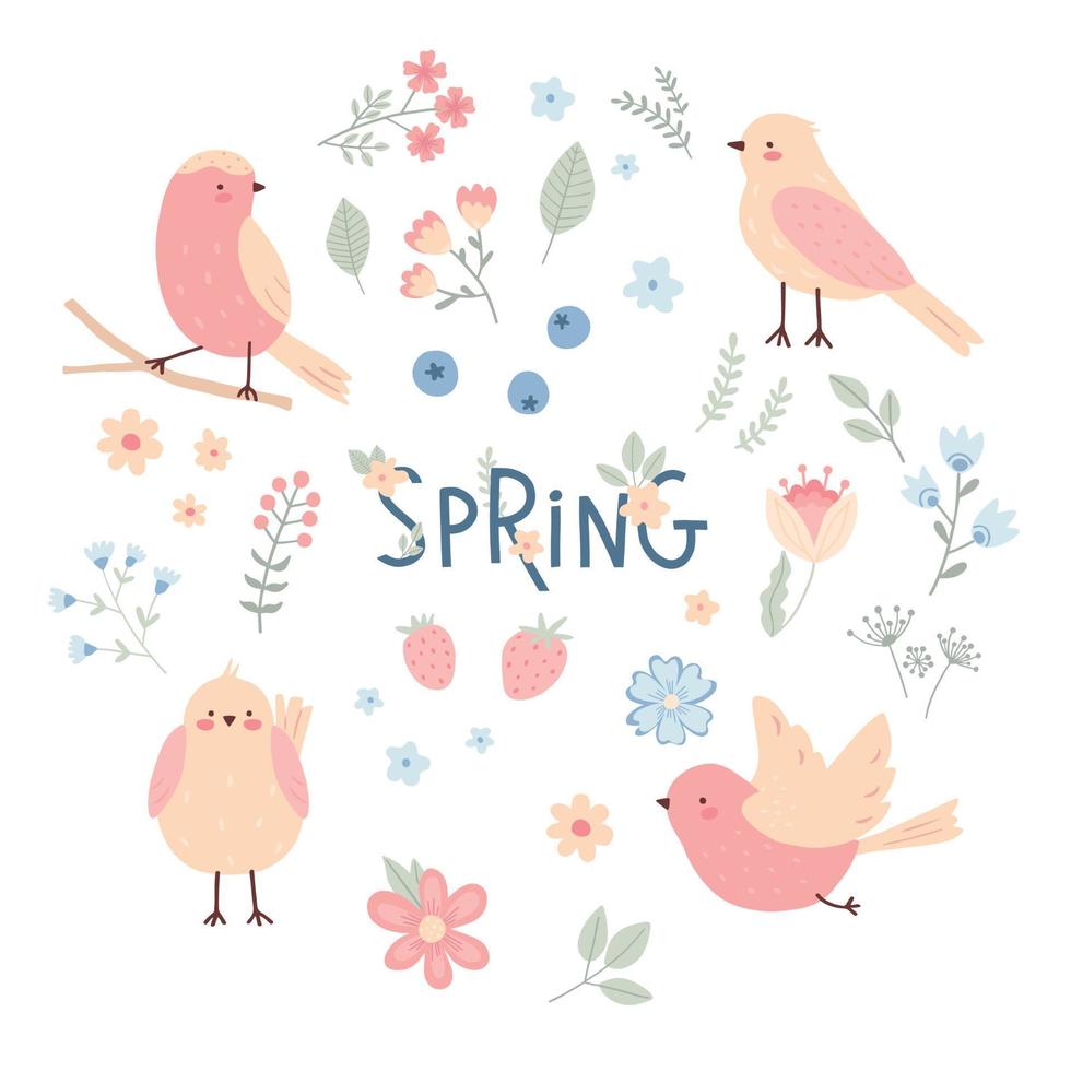 Cute spring set with birds and flowers. Cartoon childish elements isolated on white background. Simple colorful vector illustration.
