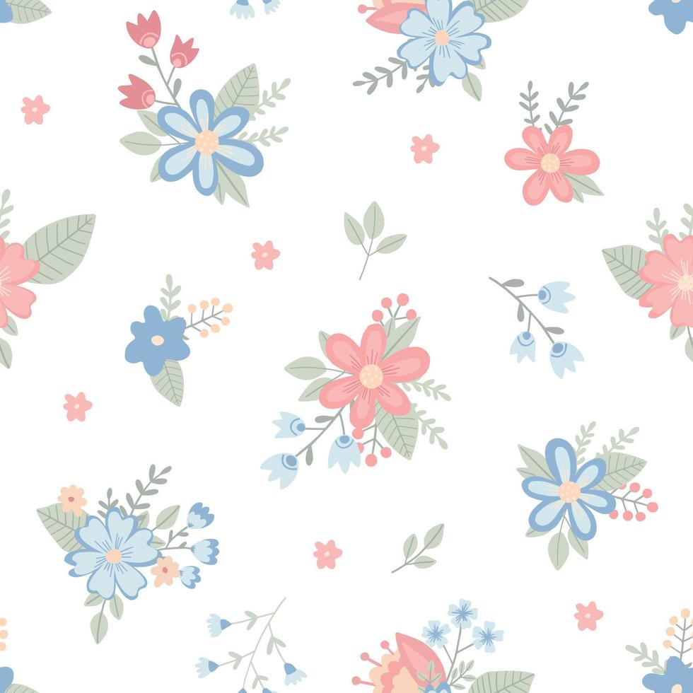 Seamless pattern with childish flowers on white background. Cute vector illustration in pastel colors with floral elements, for design, fabric and textiles.