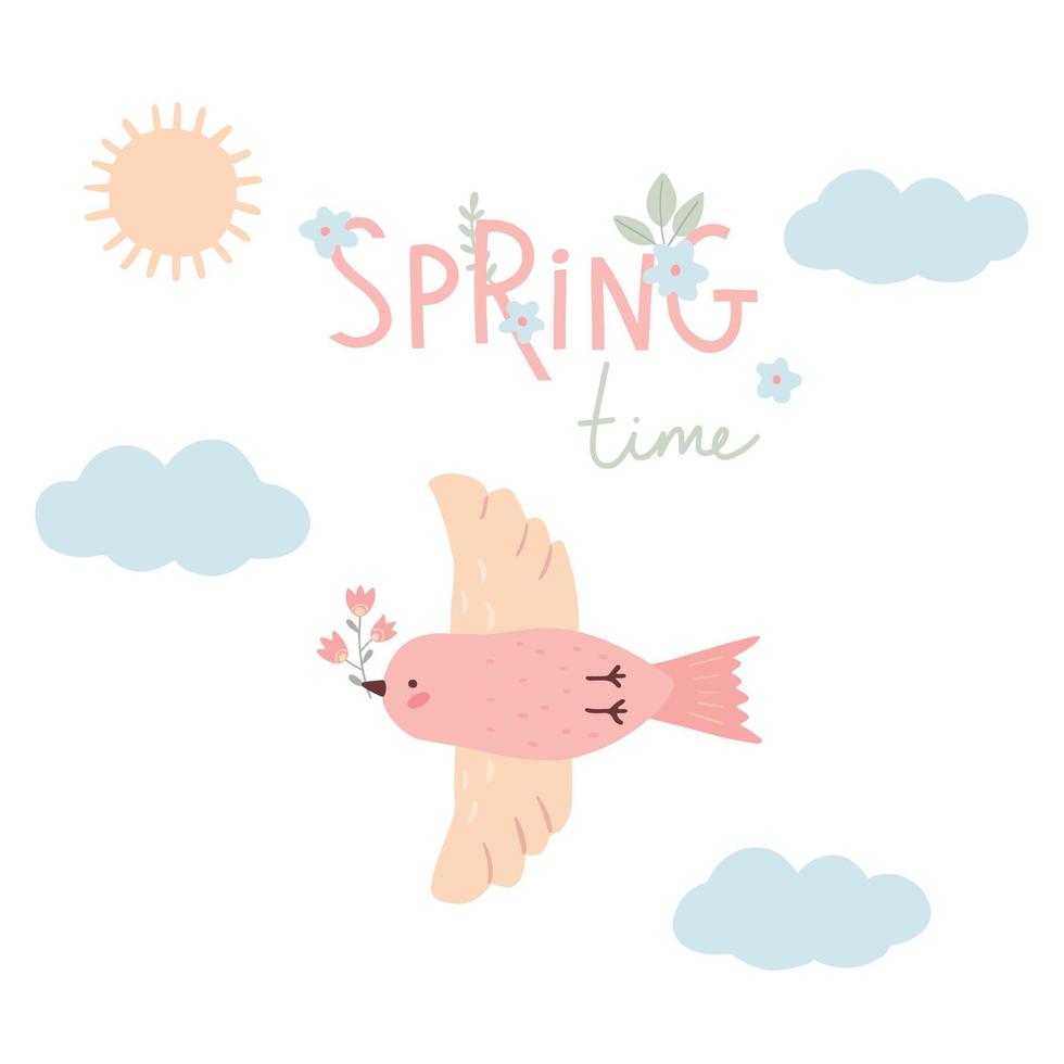 tarjeta de tiempo de primavera con pájaro en el cielo con flor en su pico. ilustración dibujada a mano infantil con texto. vector plano sencillo.