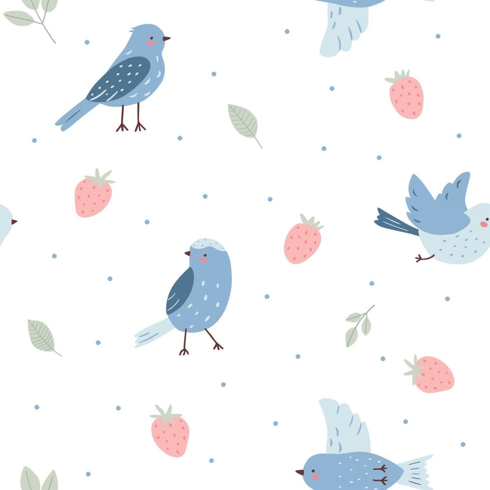 Seamless pattern with childish birds and berries on white background. Cute vector illustration for design, fabric and textiles.
