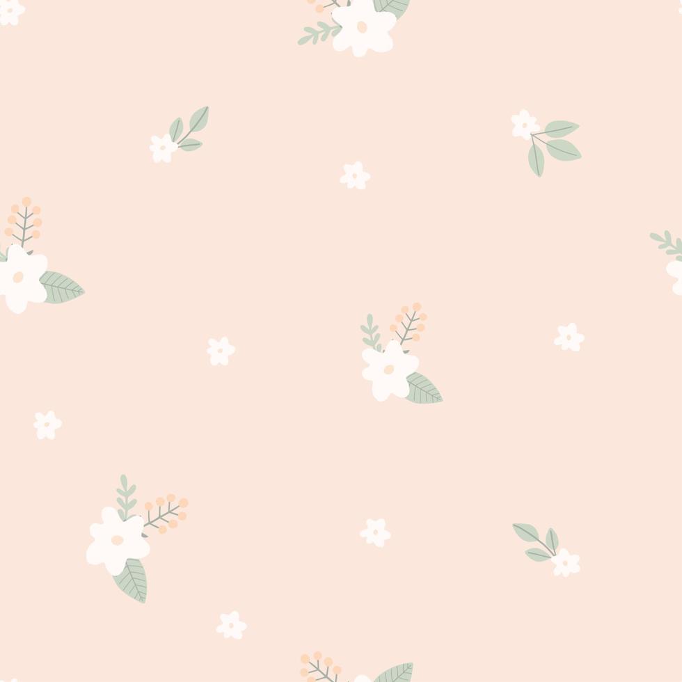 Seamless pattern with childish flowers and twigs on beige  background.  Cute vector illustration in pastel colors, for design, fabric and textiles.