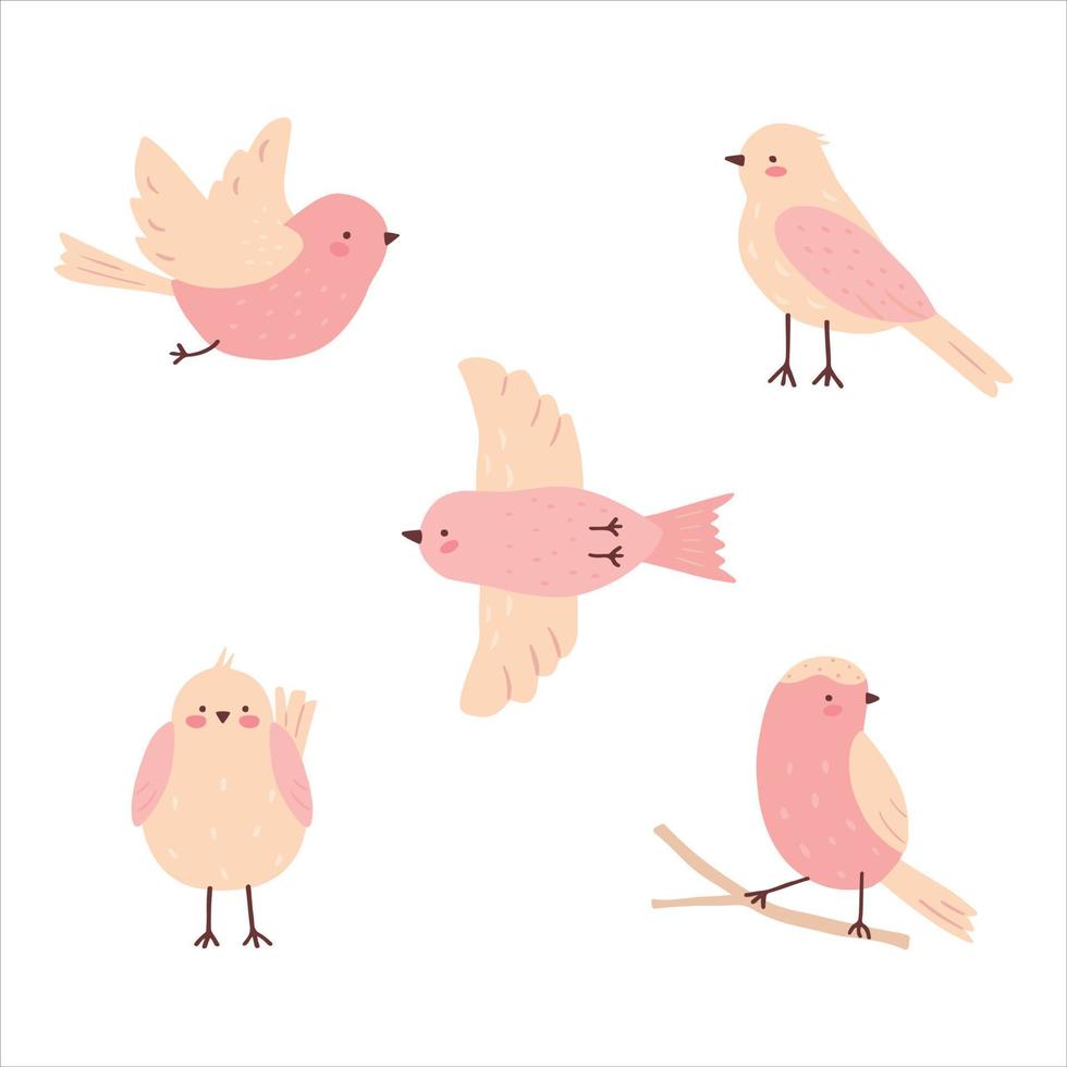 Set of doodle pink cute birds. Collection of childish funny birdies. vector