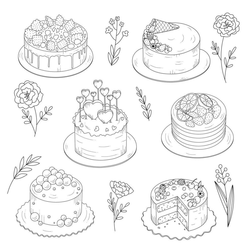 conjunto de pasteles y flores. boceto, contorno sobre fondo blanco. postre para decorar pastelería. vector