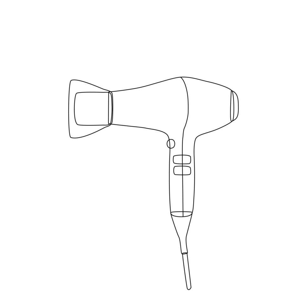 Hair dryer on a white background. Black outline, simple silhouette of a barber tool. Vector illustration for a logo, business card, or design