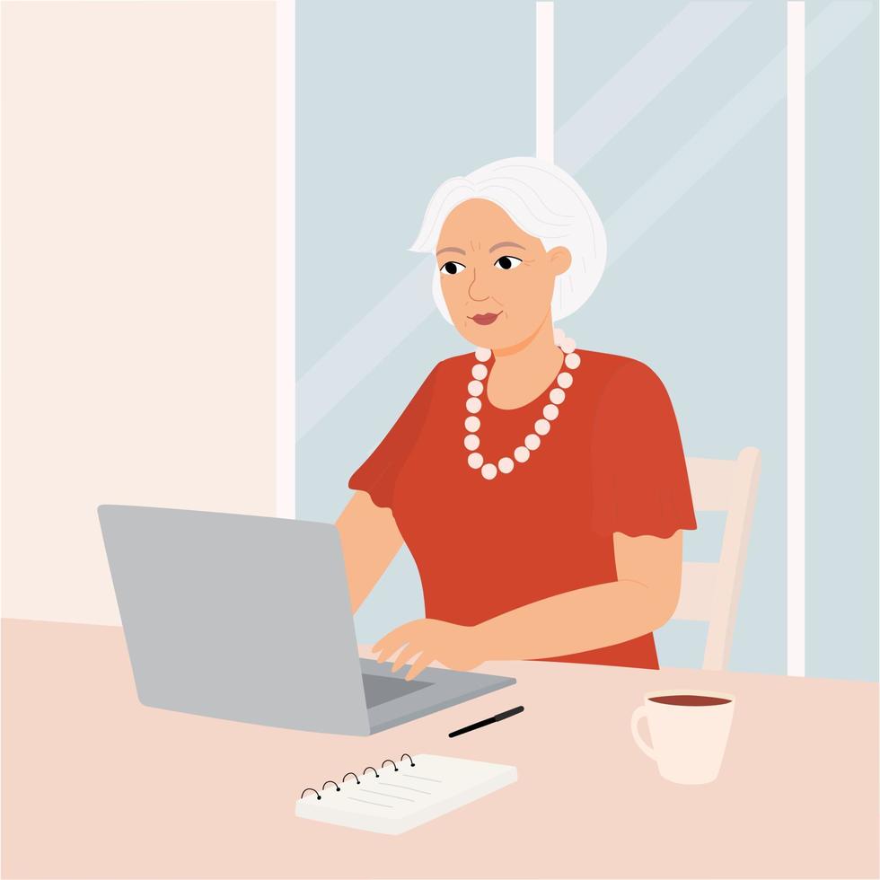 A business granny with a laptop. A happy elderly woman works, communicates, watches videos. vector