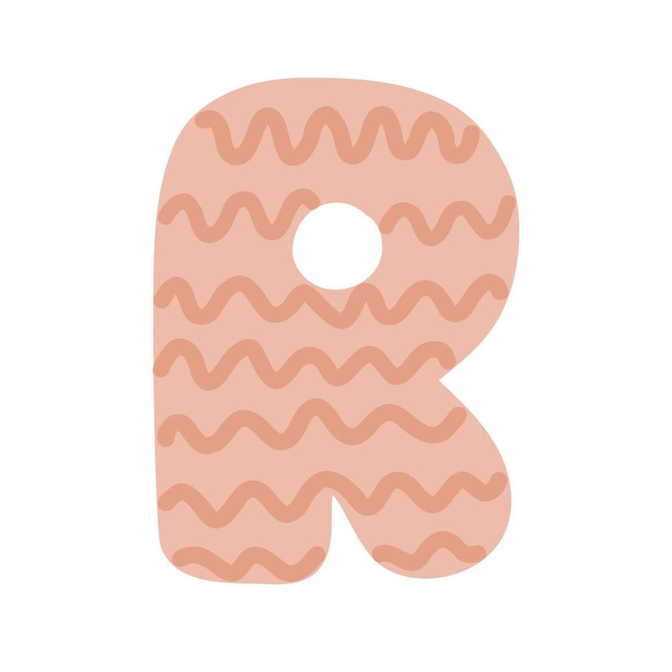 Letter R of English alphabet, doodle style decorated with simple abstract pattern vector illustration, cute funny decorative handwriting abc, handwritten font letters, lettering