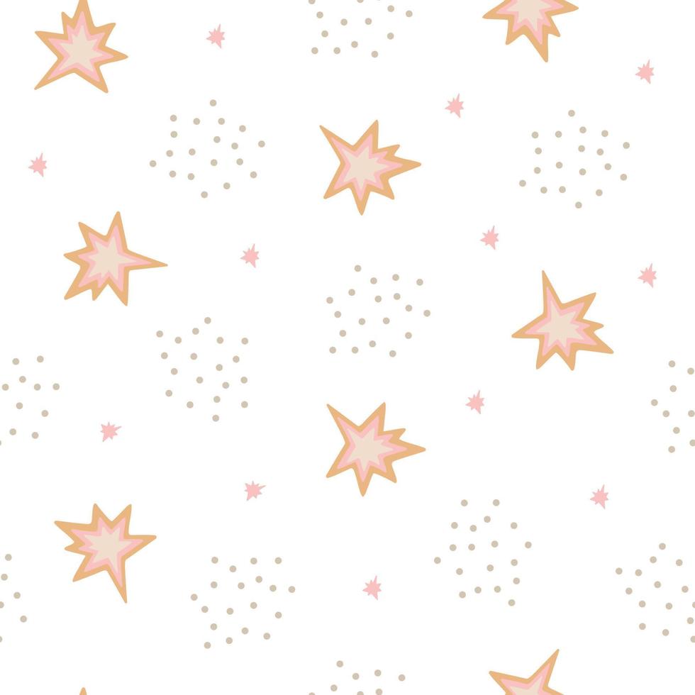 encantador bebé ducha cielo estrellado lunares patrón sin costuras ilustración vectorial, estrellas dibujadas a mano en orden caótico aleatorio, dulces sueños niños divertida imagen simple para textiles, papel de regalo vector