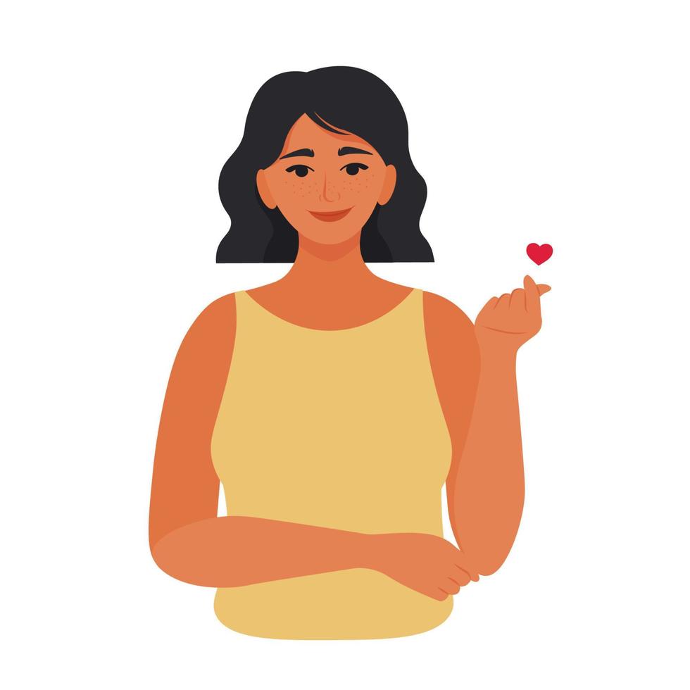 Woman showing korean love sign, heart shape by fingers. Self care, sharing, giving love, Valentines Day. Vector illustration in flat style