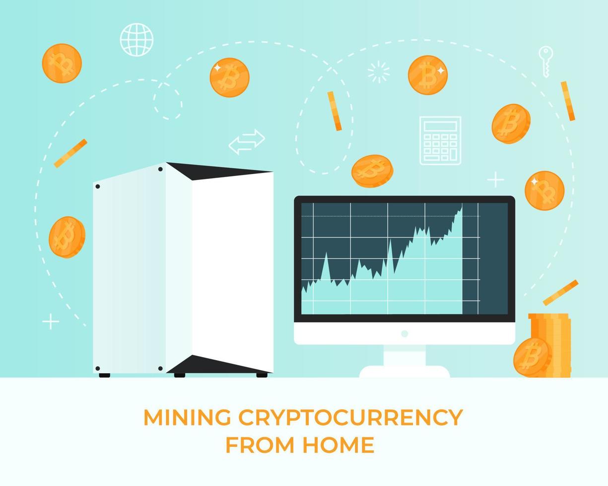 Ability to mining cryptocurrency bitcoin on your computer at home, with the help of hard drives. Physical bit coin, Digital currency concept. Flat design vector illustration