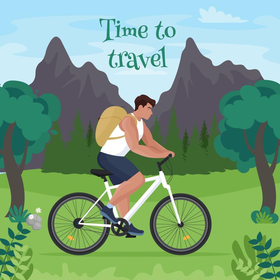 A man travels by bicycle. Time to travel concept. Man riding a bike. Vector illustration in flat style