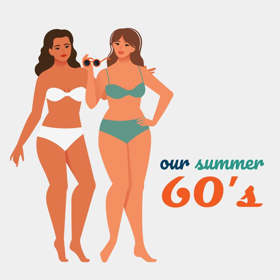 Women in swimsuits sunbathing and relaxing. Retro style vector illustration, 60s fashion, memories