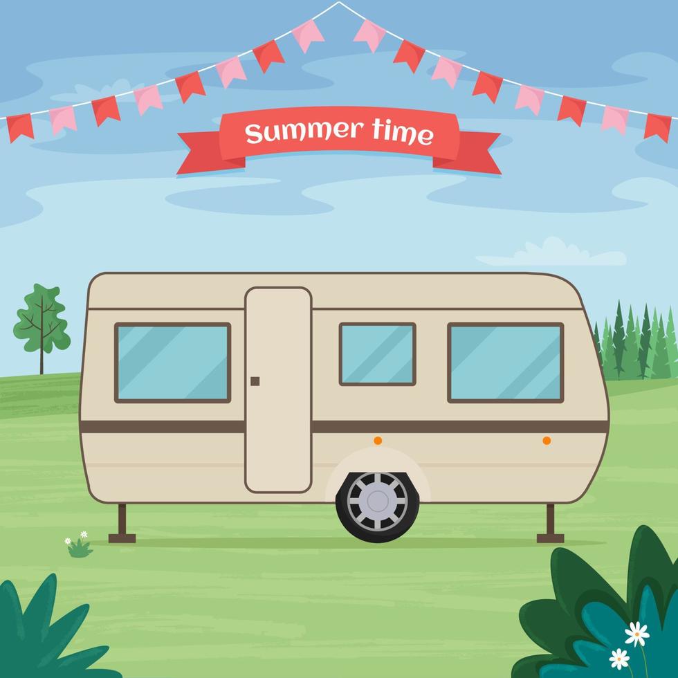 Travel Trailer in the forest. Time to travel concept. Summer time greeting card. Vector illustration in flat style