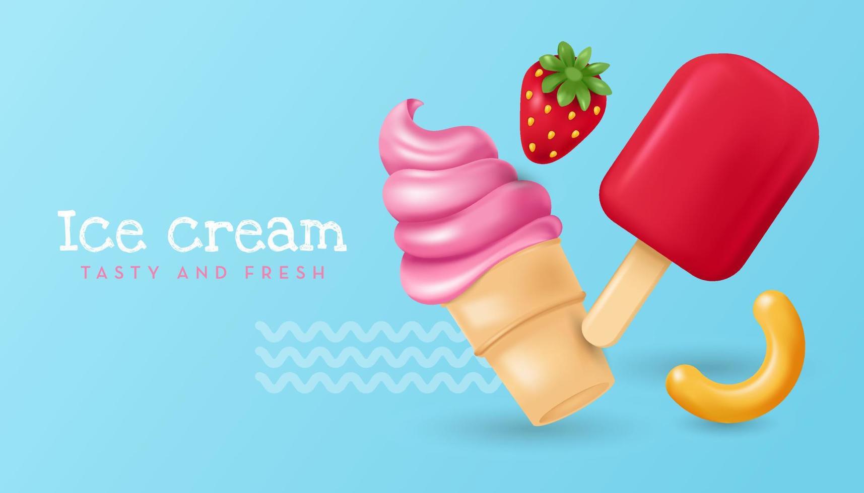 Ice cream with fresh strawberry. Vector illustration in 3d realistic style