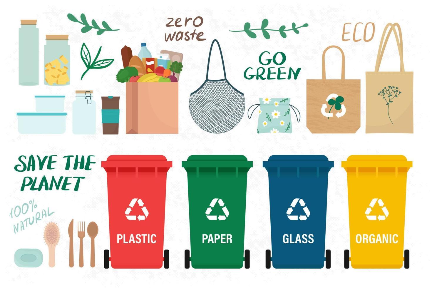 Zero waste set with different objects to save the planet. Vector illustration in flat style, isolated on white backgoound