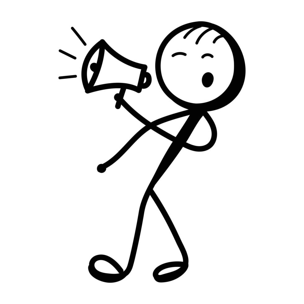 Stick figure holding megaphone, concept of announcement hand drawn icon vector