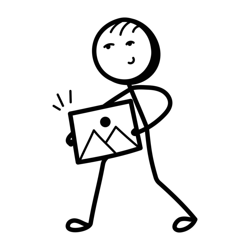 Stick figure holding an image, doodle icon vector