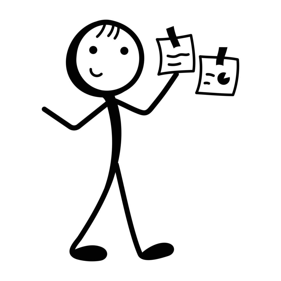 Stick figure with reports, hand drawn icon of data manager vector