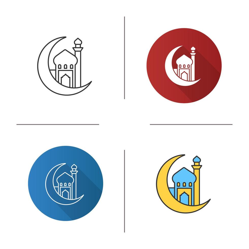 Mosque with ramadan moon icon. Flat design, linear and color styles. Crescent moon. Islamic culture. Muslim worship place. Isolated vector illustrations