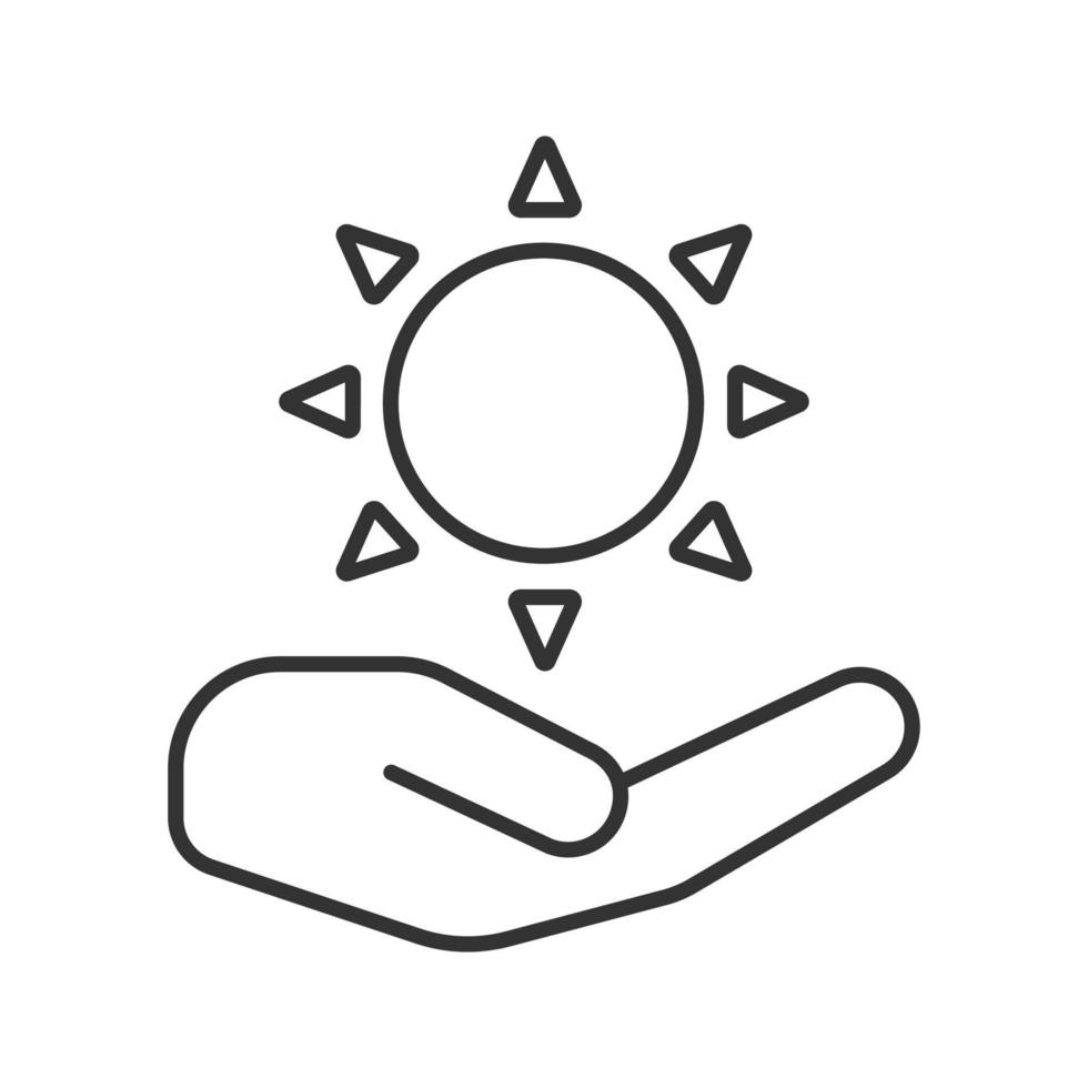 Open hand with sun linear icon. Using solar energy. Thin line illustration. Nature care. Contour symbol. Vector isolated outline drawing