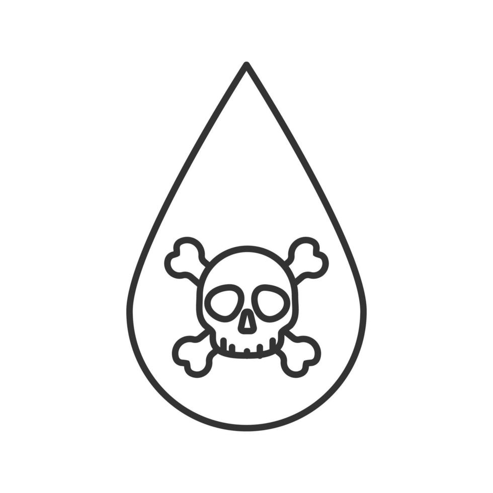 Liquid drop with skull and crossbones linear icon. Technical and non-potable water. Thin line illustration. Poison contour symbol. Vector isolated outline drawing