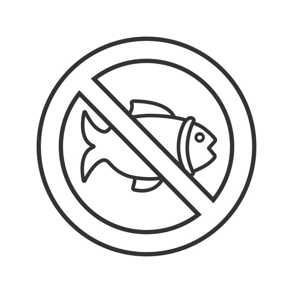Forbidden sign with fish linear icon. Thin line illustration. No fishing prohibition. Stop contour symbol. Vector isolated outline drawing