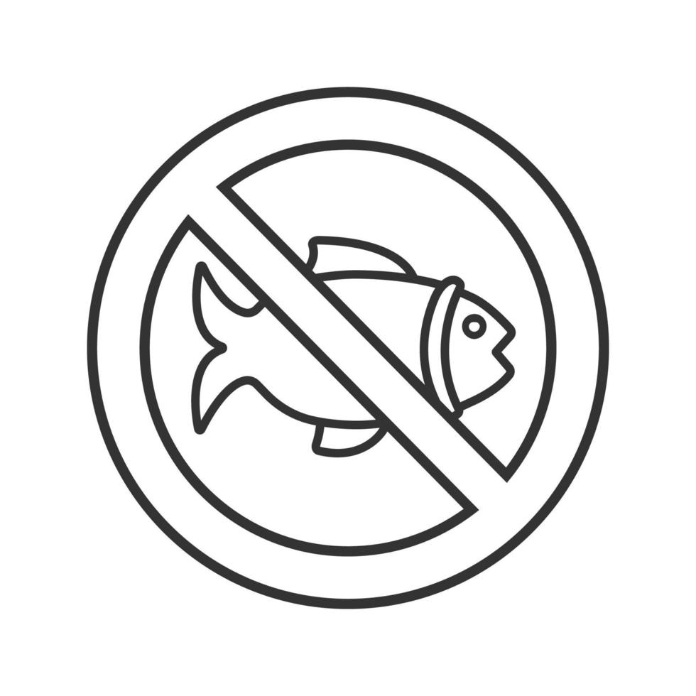 Forbidden sign with fish linear icon. Thin line illustration. No fishing prohibition. Stop contour symbol. Vector isolated outline drawing