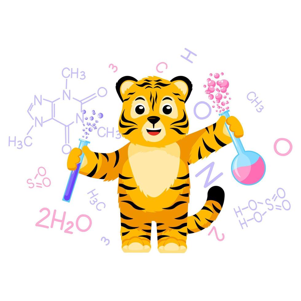 pequeño científico tigre con fórmula aislada. personaje de dibujos animados tigre rayado profesor de química. vector