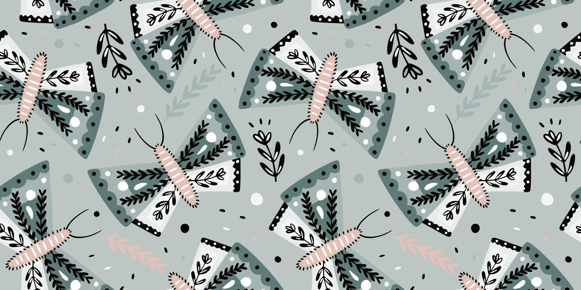 Hand drawn butterflies seamless pattern. Flying insect print. Butterfly and flowers endless wallpaper. vector