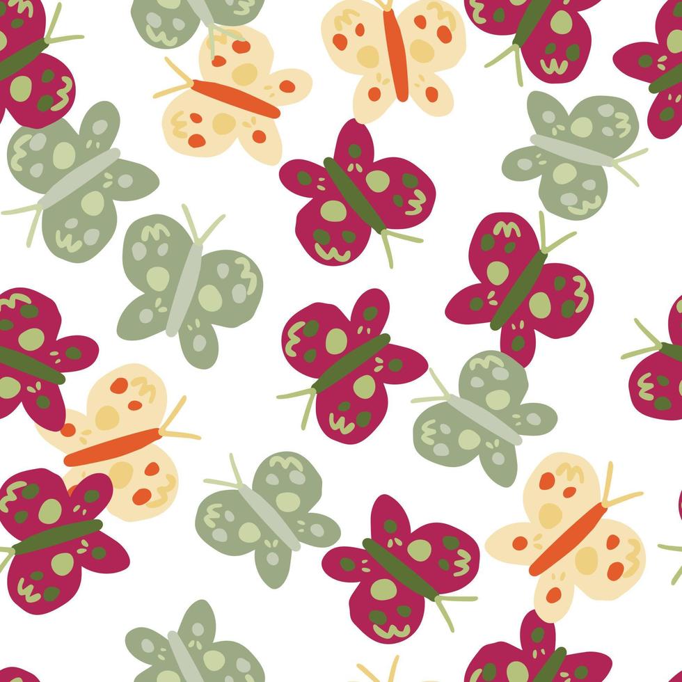 Cute butterfly seamless pattern. Doodle flying insect endless wallpaper. Naive art style. vector