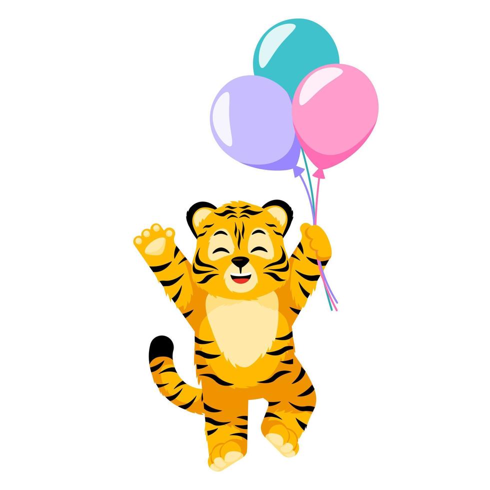 tigre pequeño chef con globos aislados. lindo personaje de dibujos animados tigre rayado fiesta de cumpleaños. vector