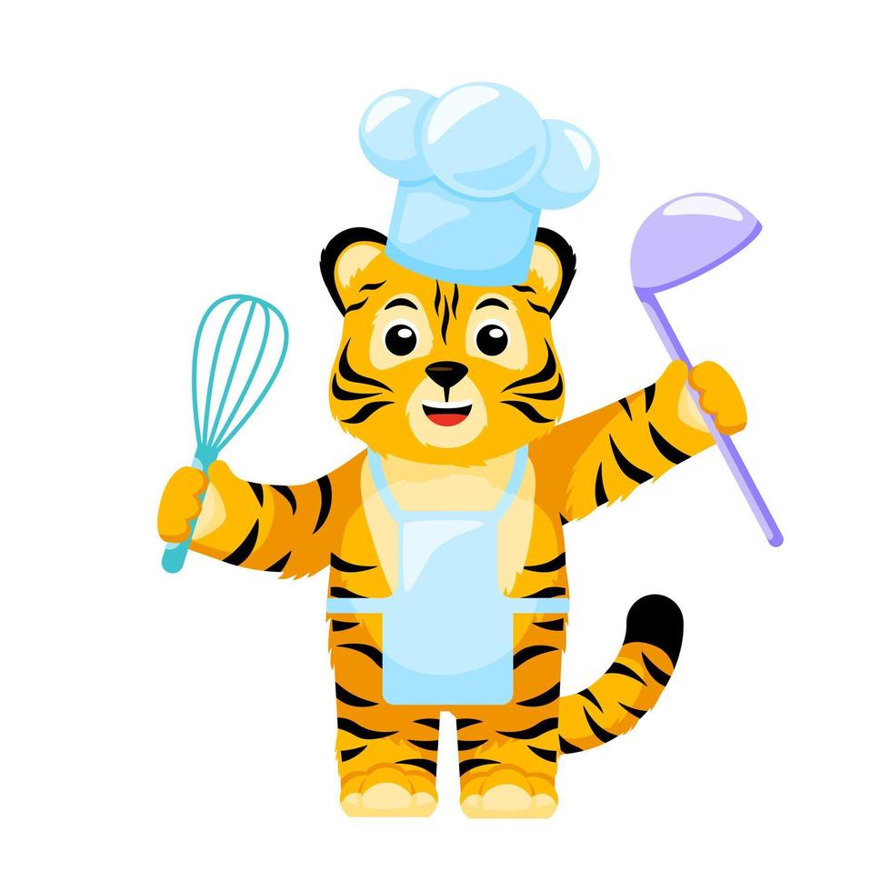 pequeño chef tigre con batidor y cucharón aislado. gorro de cocinero de tigre a rayas de dibujos animados lindo personaje. vector